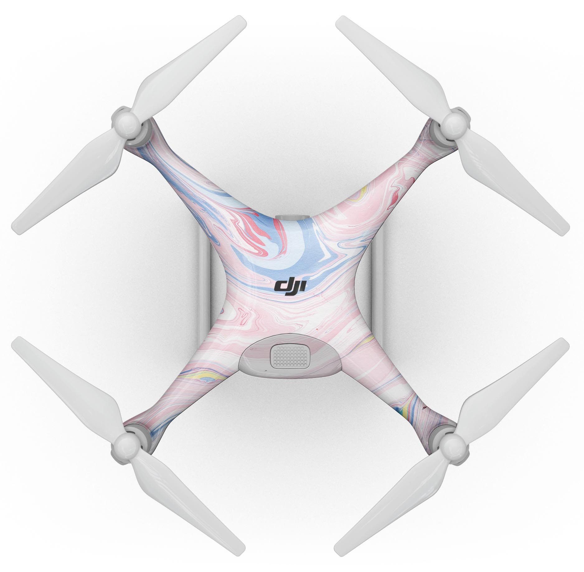 Marbleized Pink and Blue Swirl Full-Body Skin Kit for DJI Phantom 4 Drone, showcasing vibrant colors and unique design.